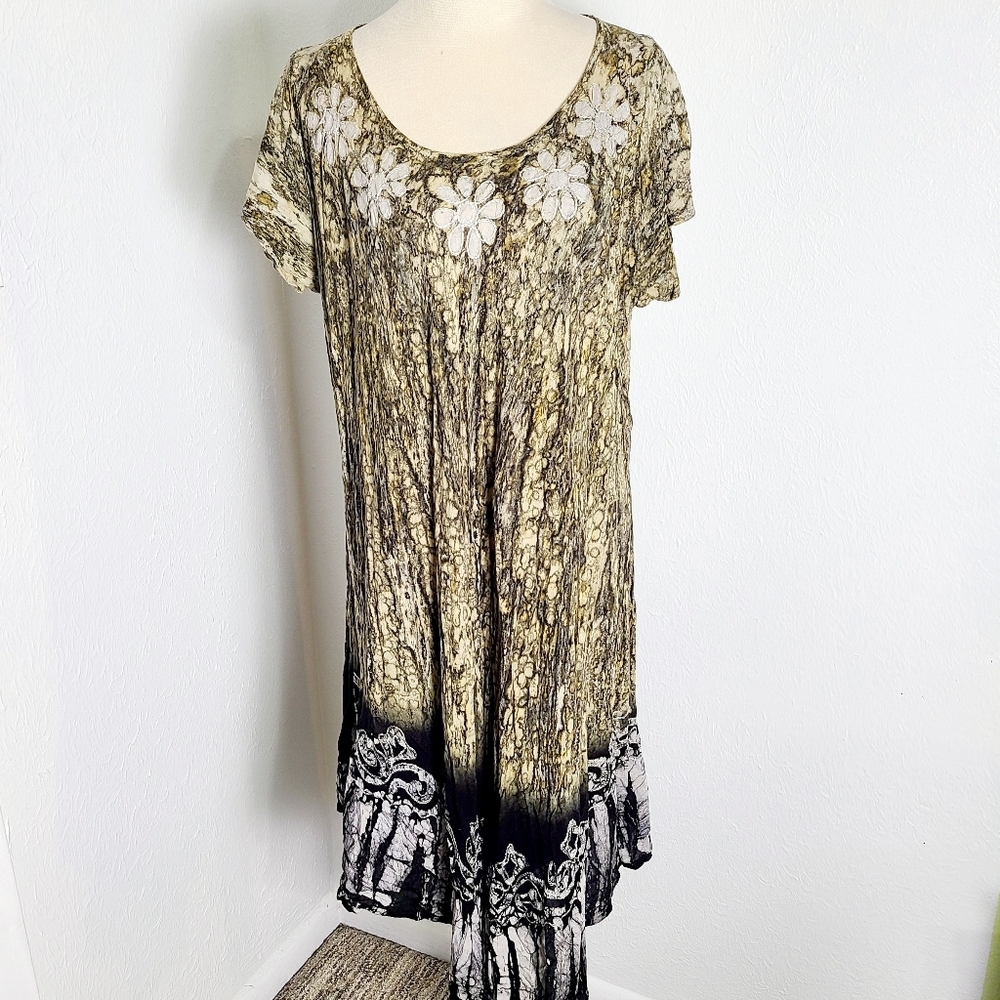 Riviera Sun Green, Black & White Embroidered Caftan Dress, Size 2X